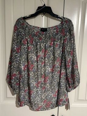 AB Studio Floral Off-Shoulder Blouse in Pink and Green